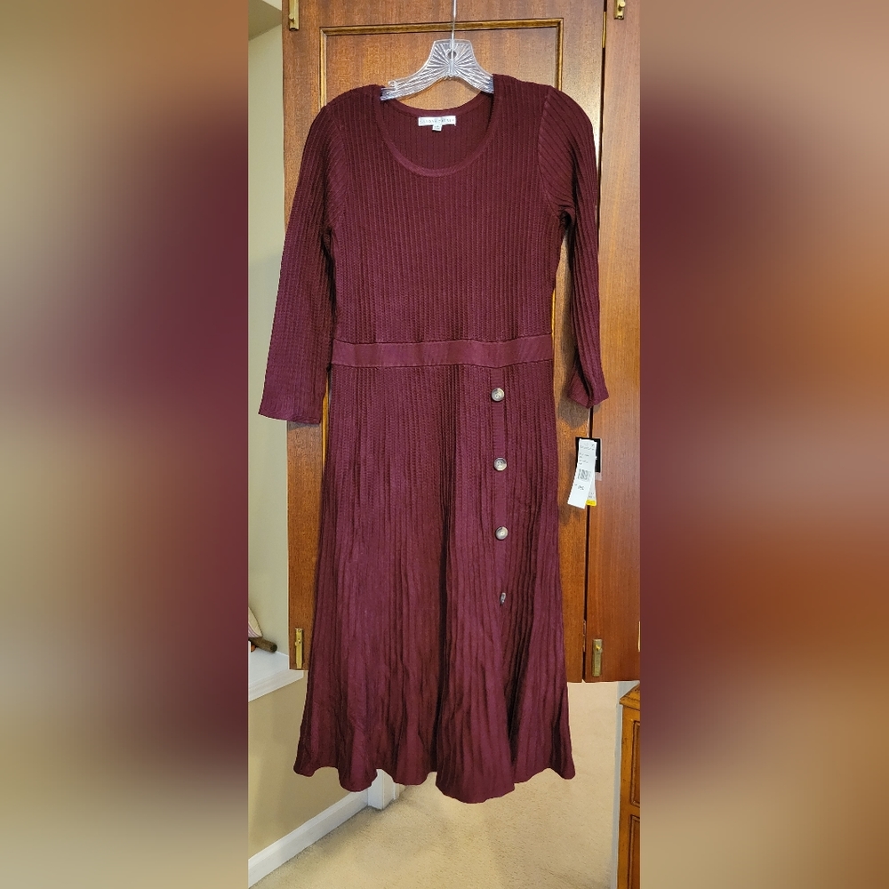 Sandra Darren burgundy sweater dress. Size Medium. NWT button detail on skirt.